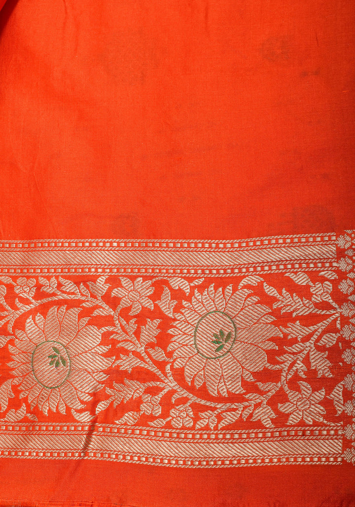 Orange Banarasi Meenakari floral Brocade Katan Silk Saree with Geometric Motifs| SILK MARK CERTIFIED