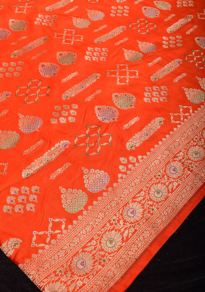 Orange Banarasi Meenakari floral Brocade Katan Silk Saree with Geometric Motifs| SILK MARK CERTIFIED