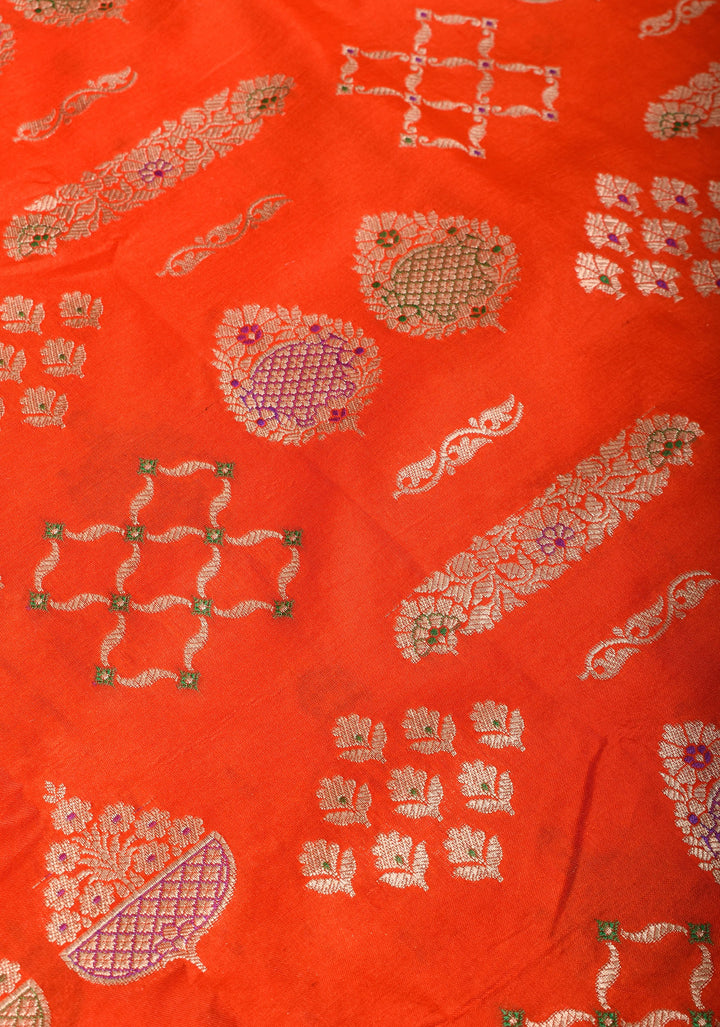 Orange Banarasi Meenakari floral Brocade Katan Silk Saree with Geometric Motifs| SILK MARK CERTIFIED