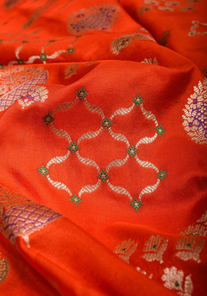 Orange Banarasi Meenakari floral Brocade Katan Silk Saree with Geometric Motifs| SILK MARK CERTIFIED