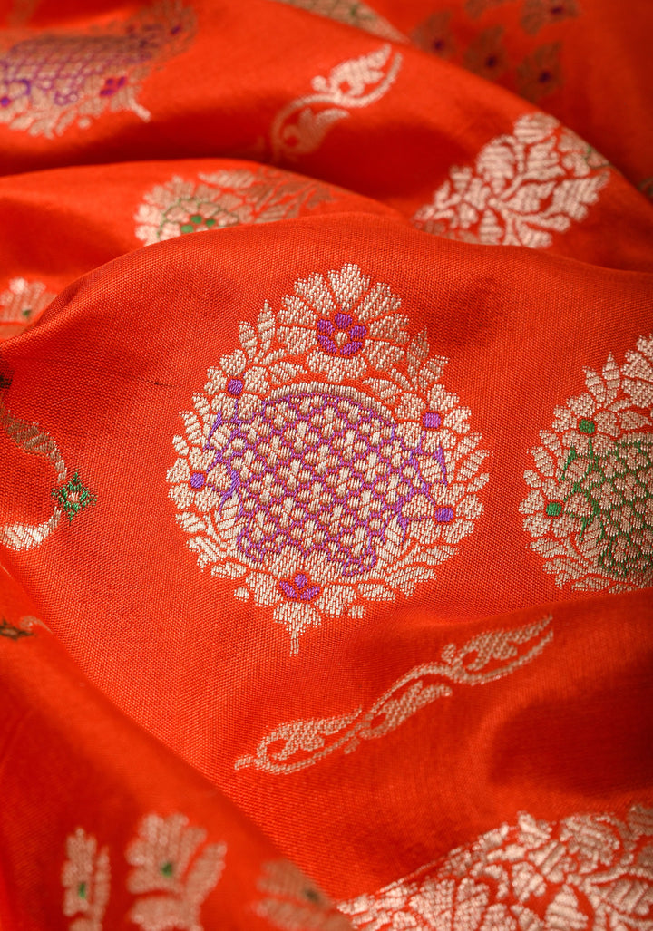 Orange Banarasi Meenakari floral Brocade Katan Silk Saree with Geometric Motifs| SILK MARK CERTIFIED
