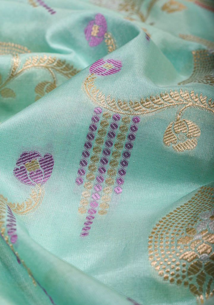 Mint Green Authentic Banarasi Meenakari Jaal Katan Silk Saree | SILK MARK CERTIFIED