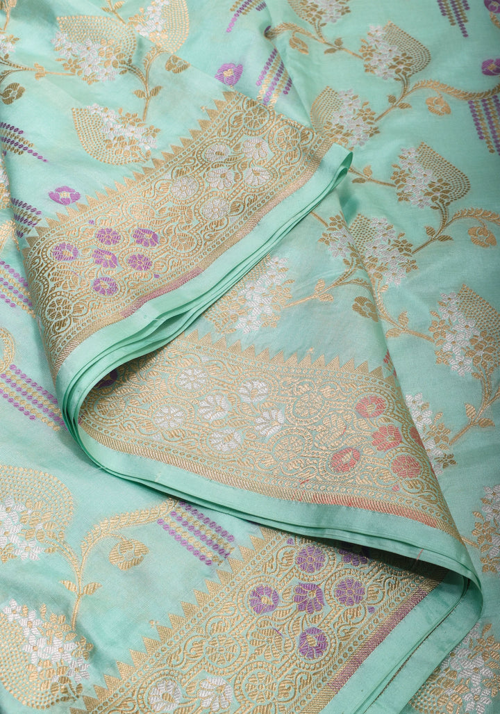 Mint Green Authentic Banarasi Meenakari Jaal Katan Silk Saree | SILK MARK CERTIFIED