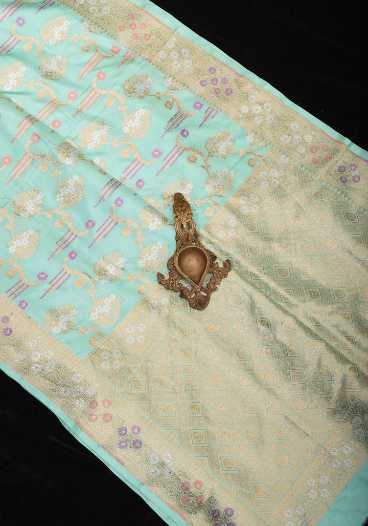 Mint Green Authentic Banarasi Meenakari Jaal Katan Silk Saree | SILK MARK CERTIFIED