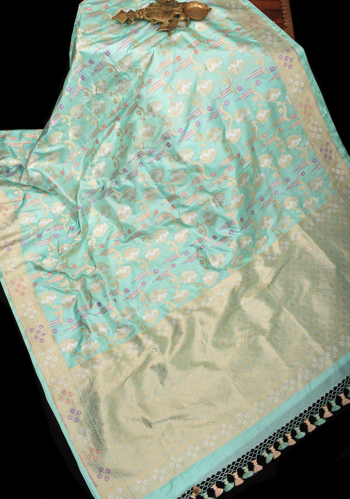 Mint Green Authentic Banarasi Meenakari Jaal Katan Silk Saree | SILK MARK CERTIFIED