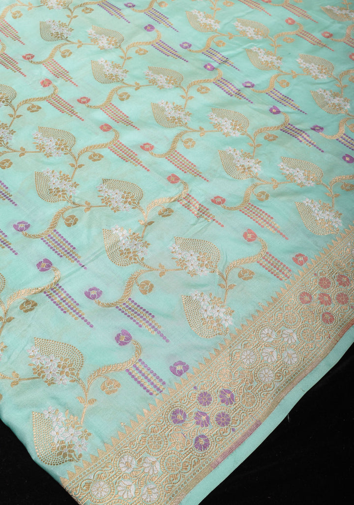 Mint Green Authentic Banarasi Meenakari Jaal Katan Silk Saree | SILK MARK CERTIFIED