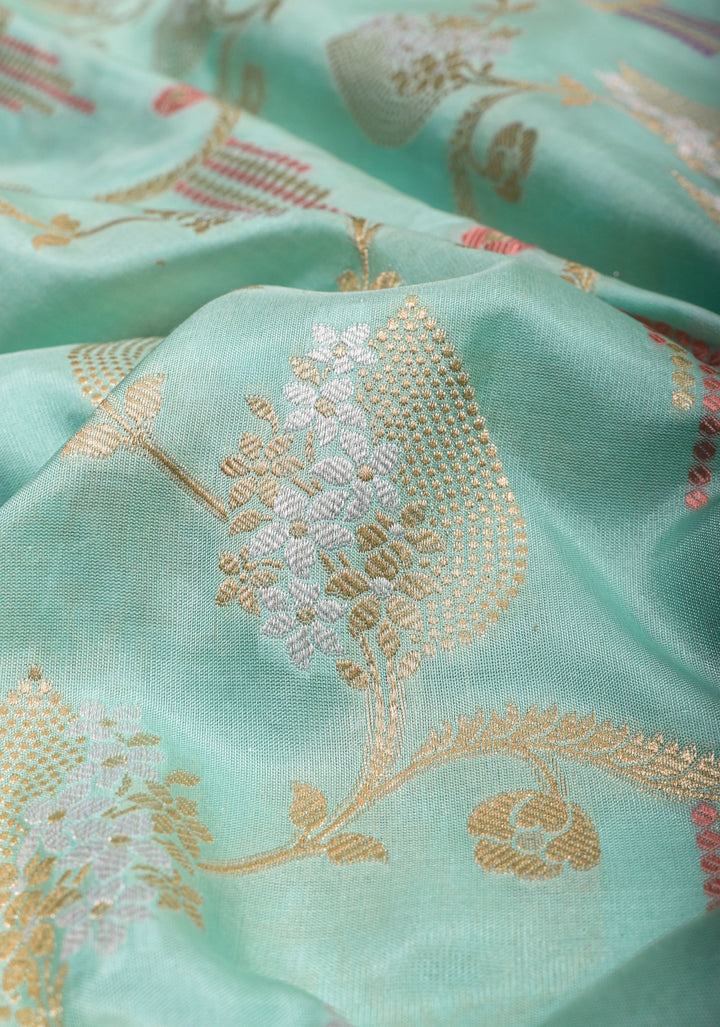 Mint Green Authentic Banarasi Meenakari Jaal Katan Silk Saree | SILK MARK CERTIFIED