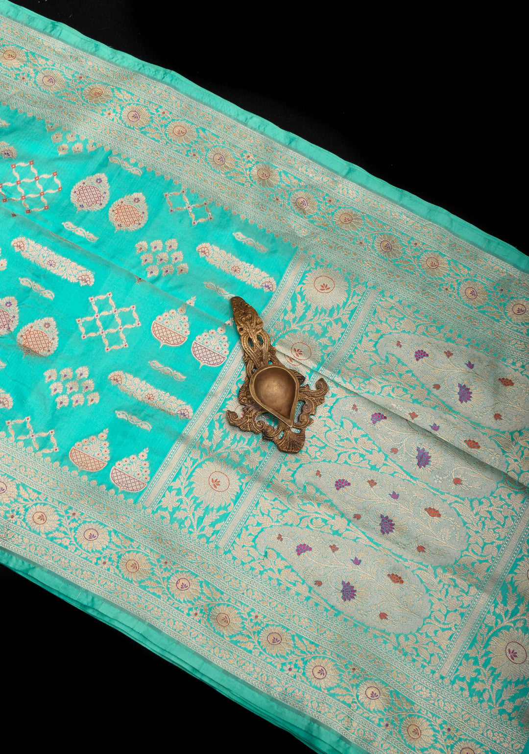 Aqua Banarasi Meenakari floral Brocade Katan Silk Saree | SILK MARK CERTIFIED