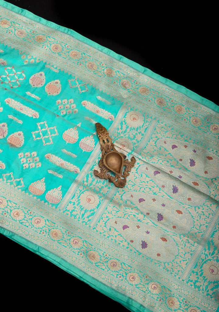Aqua Banarasi Meenakari floral Brocade Katan Silk Saree | SILK MARK CERTIFIED