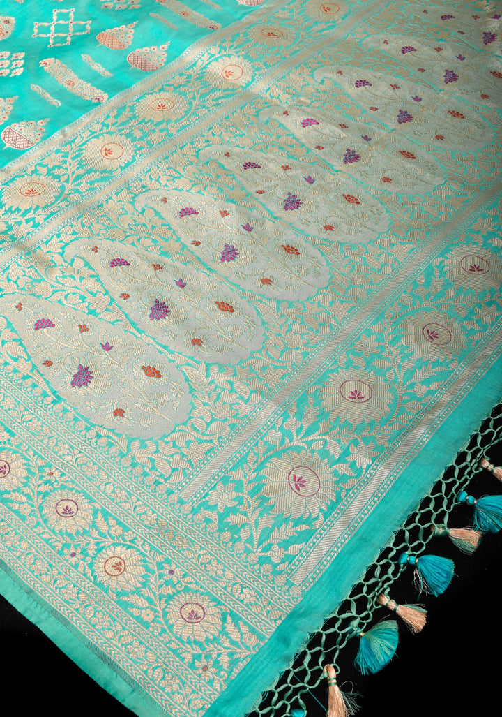 Aqua Banarasi Meenakari floral Brocade Katan Silk Saree | SILK MARK CERTIFIED