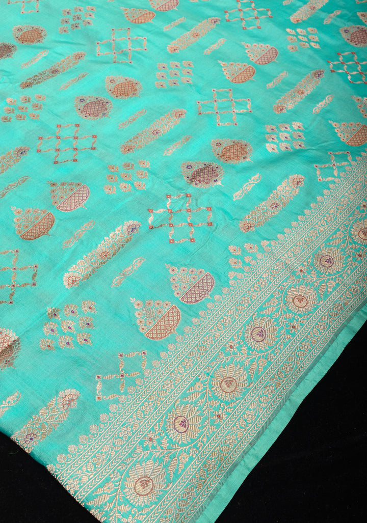 Aqua Banarasi Meenakari floral Brocade Katan Silk Saree | SILK MARK CERTIFIED