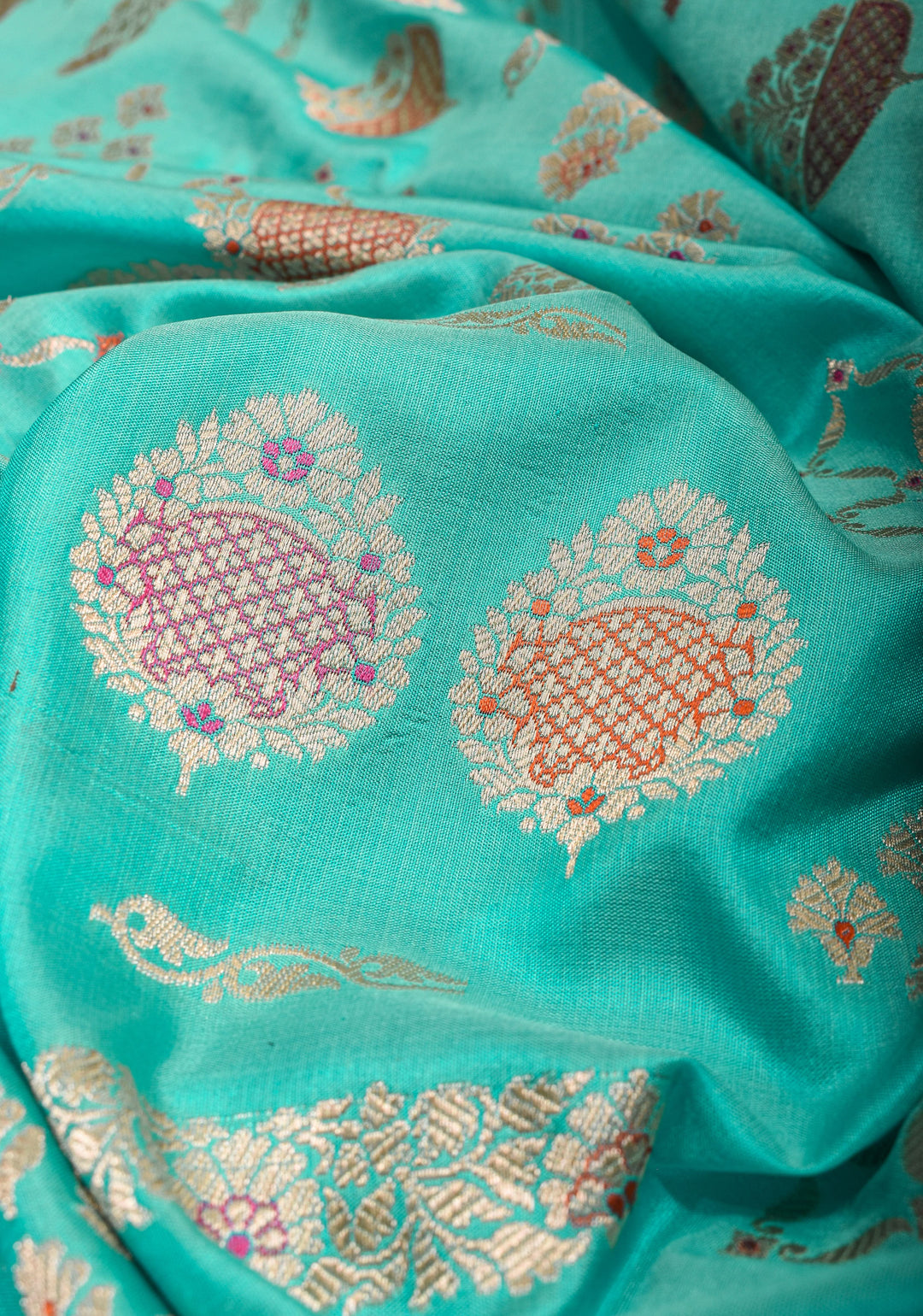 Aqua Banarasi Meenakari floral Brocade Katan Silk Saree | SILK MARK CERTIFIED