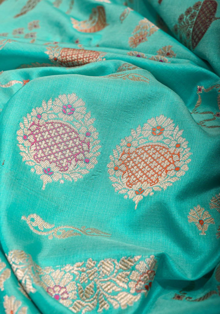 Aqua Banarasi Meenakari floral Brocade Katan Silk Saree | SILK MARK CERTIFIED