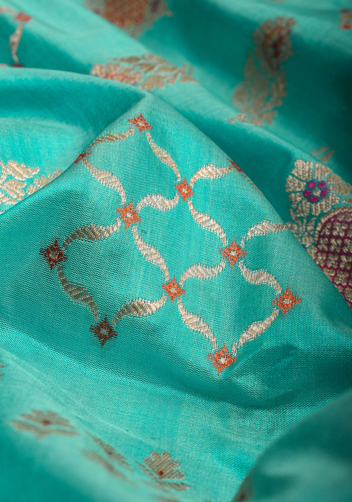 Aqua Banarasi Meenakari floral Brocade Katan Silk Saree | SILK MARK CERTIFIED