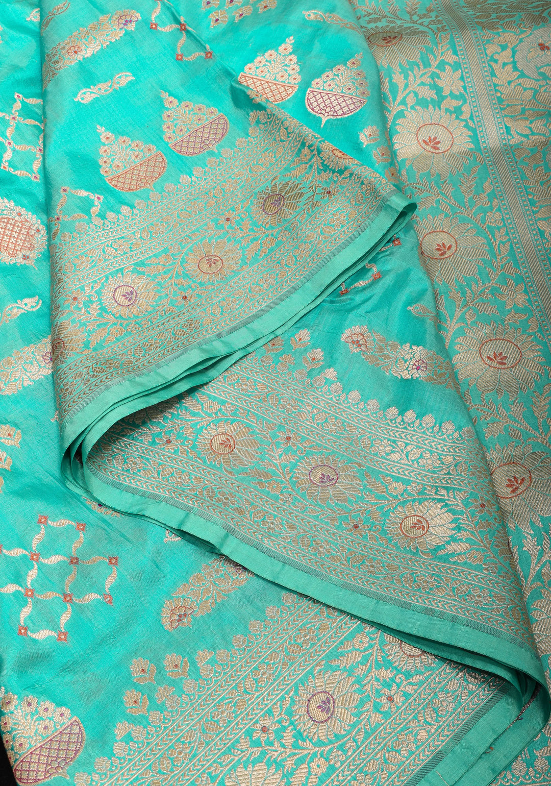 Aqua Banarasi Meenakari floral Brocade Katan Silk Saree | SILK MARK CERTIFIED