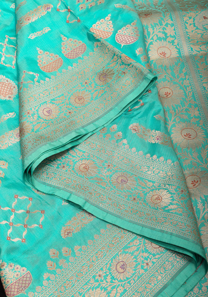 Aqua Banarasi Meenakari floral Brocade Katan Silk Saree | SILK MARK CERTIFIED