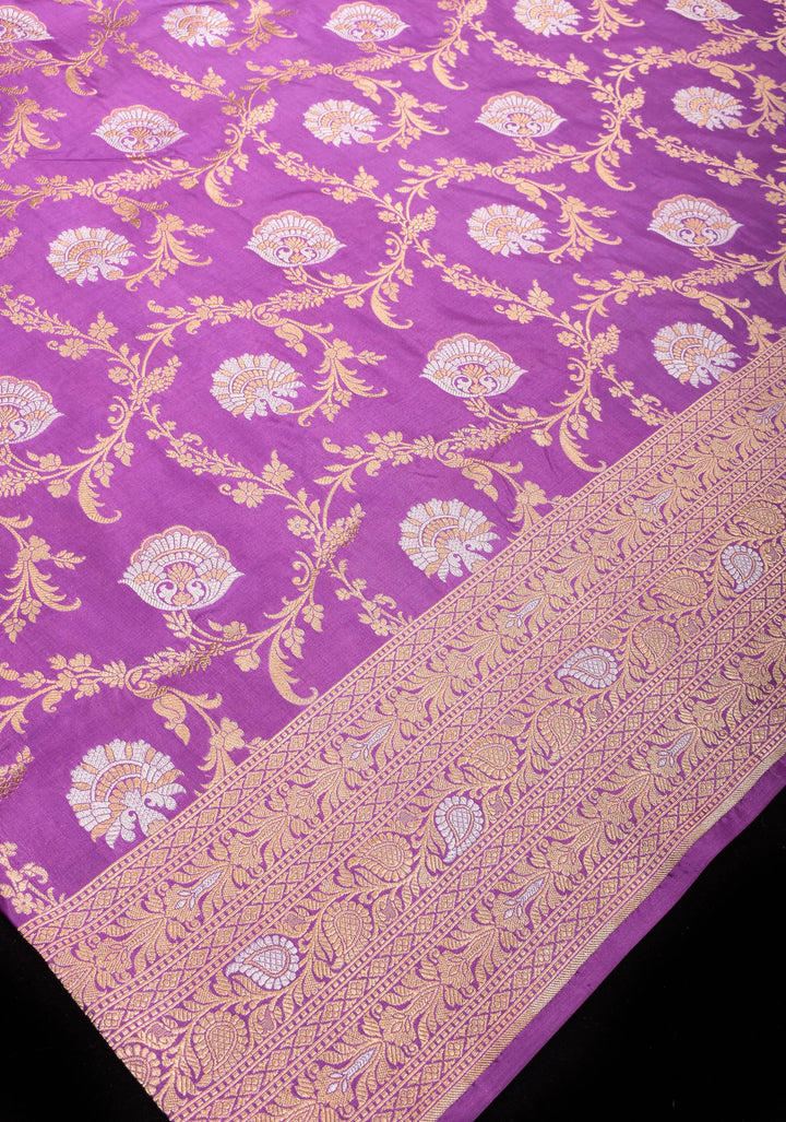 Lavender tone Exquisite Banarasi Katan Silk saree with Florals Alfi Jaal  | SILK MARK CERTIFIED