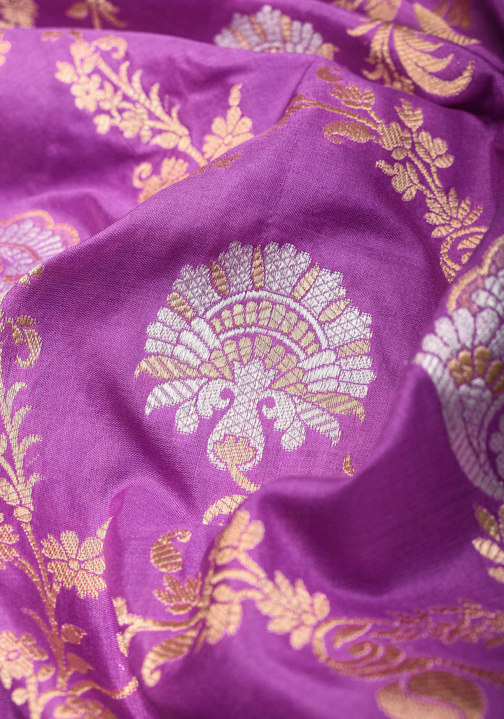 Lavender tone Exquisite Banarasi Katan Silk saree with Florals Alfi Jaal  | SILK MARK CERTIFIED