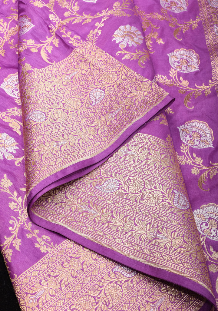 Lavender tone Exquisite Banarasi Katan Silk saree with Florals Alfi Jaal  | SILK MARK CERTIFIED