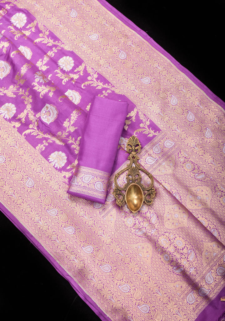 Lavender tone Exquisite Banarasi Katan Silk saree with Florals Alfi Jaal  | SILK MARK CERTIFIED