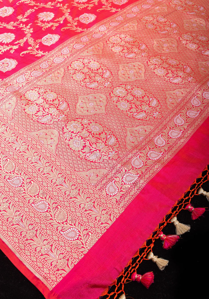 Reddish Pink Dual tone Exquisite Banarasi Katan Silk saree with Florals Alfi Jaal  | SILK MARK CERTIFIED