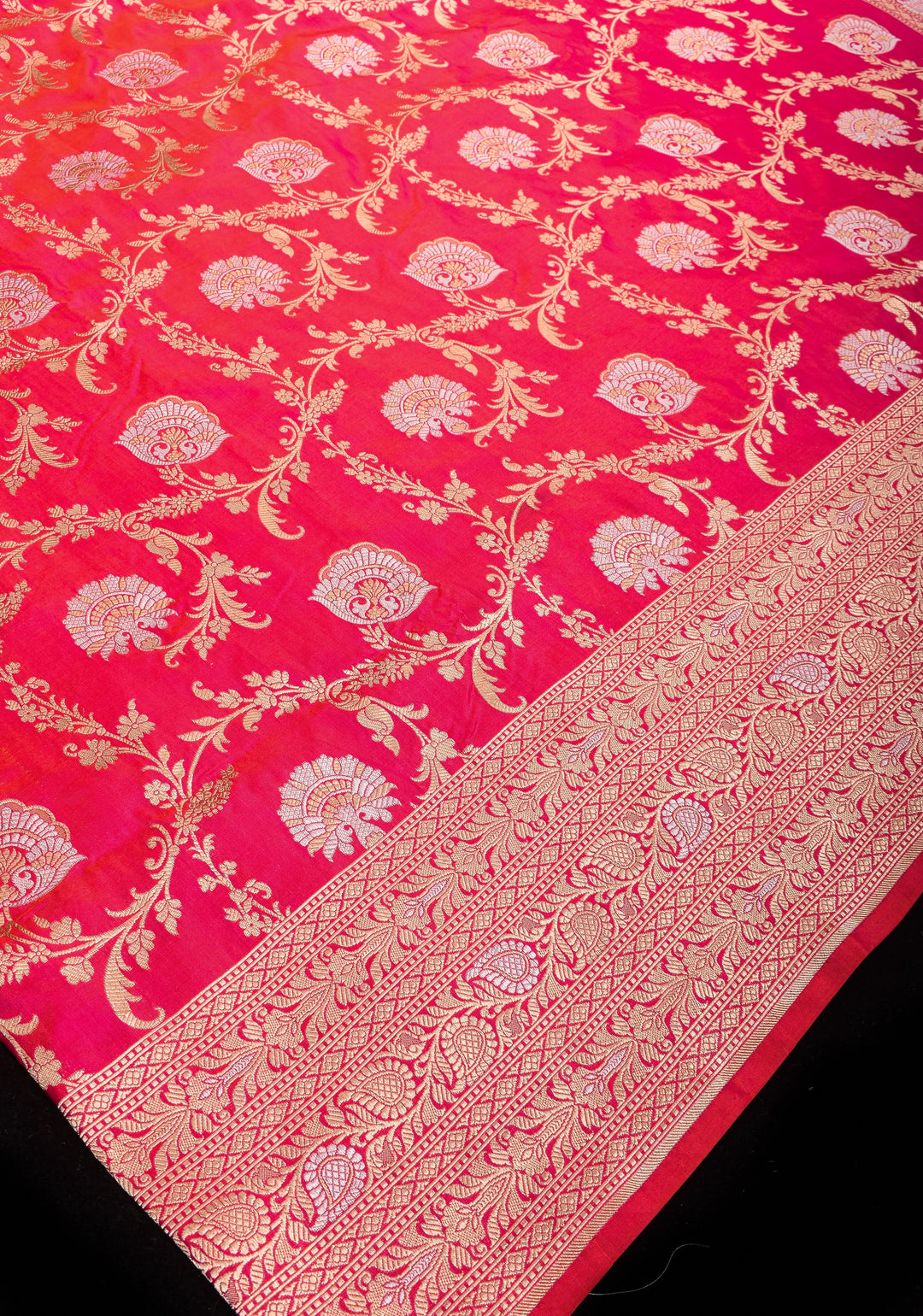 Reddish Pink Dual tone Exquisite Banarasi Katan Silk saree with Florals Alfi Jaal  | SILK MARK CERTIFIED