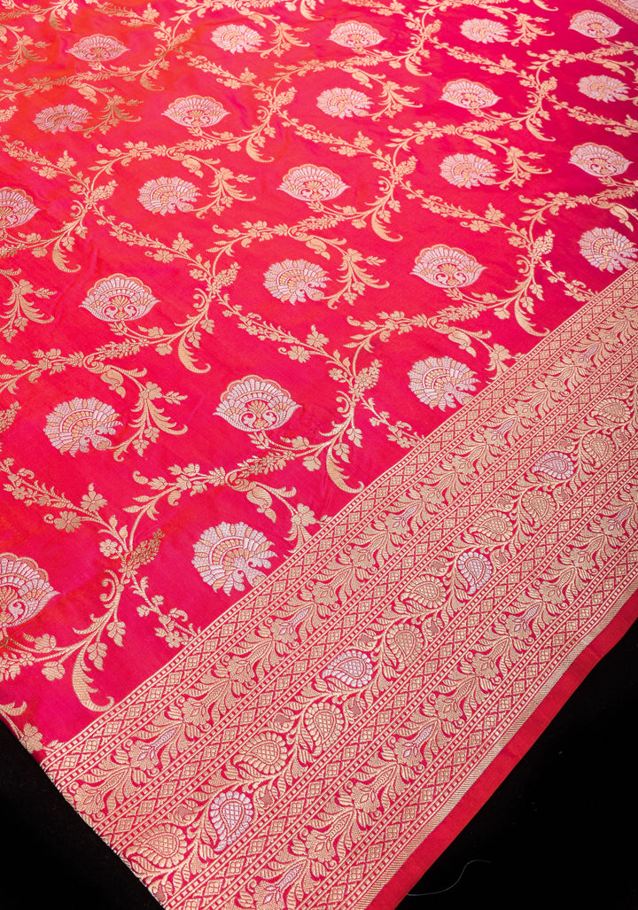 Reddish Pink Dual tone Exquisite Banarasi Katan Silk saree with Florals Alfi Jaal  | SILK MARK CERTIFIED