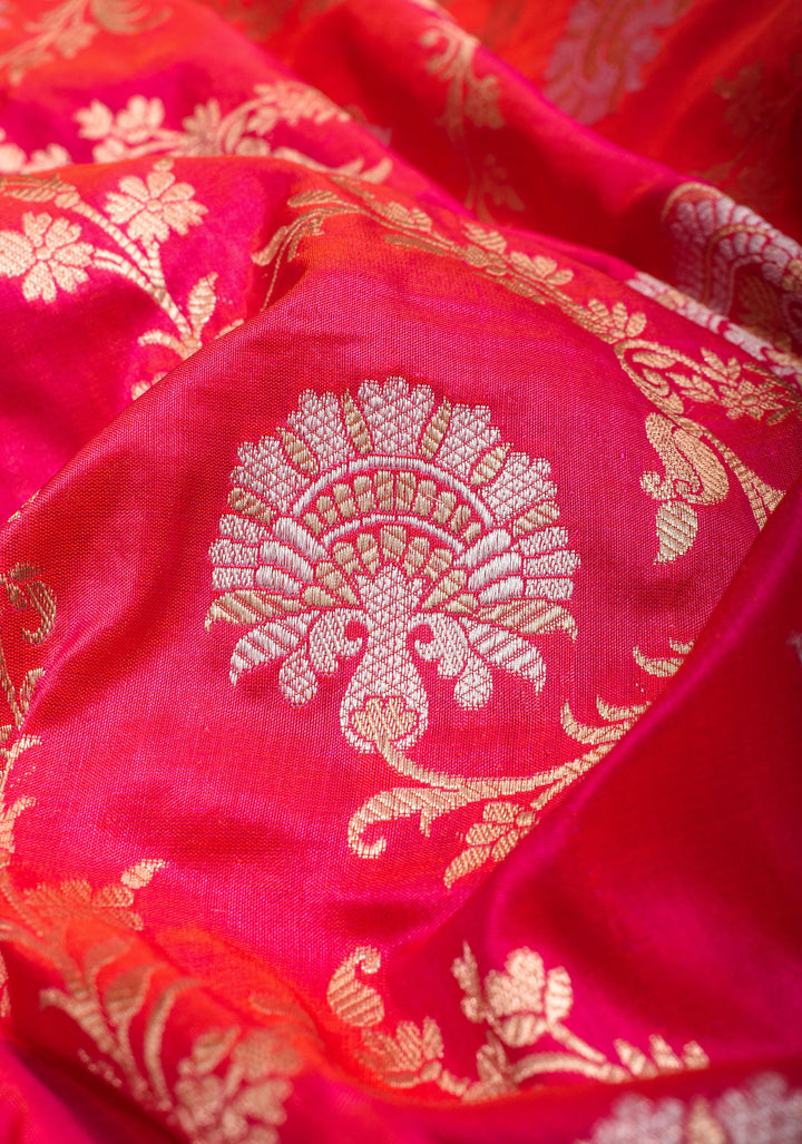 Reddish Pink Dual tone Exquisite Banarasi Katan Silk saree with Florals Alfi Jaal  | SILK MARK CERTIFIED