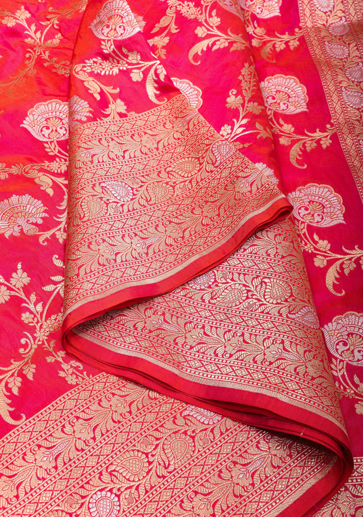Reddish Pink Dual tone Exquisite Banarasi Katan Silk saree with Florals Alfi Jaal  | SILK MARK CERTIFIED