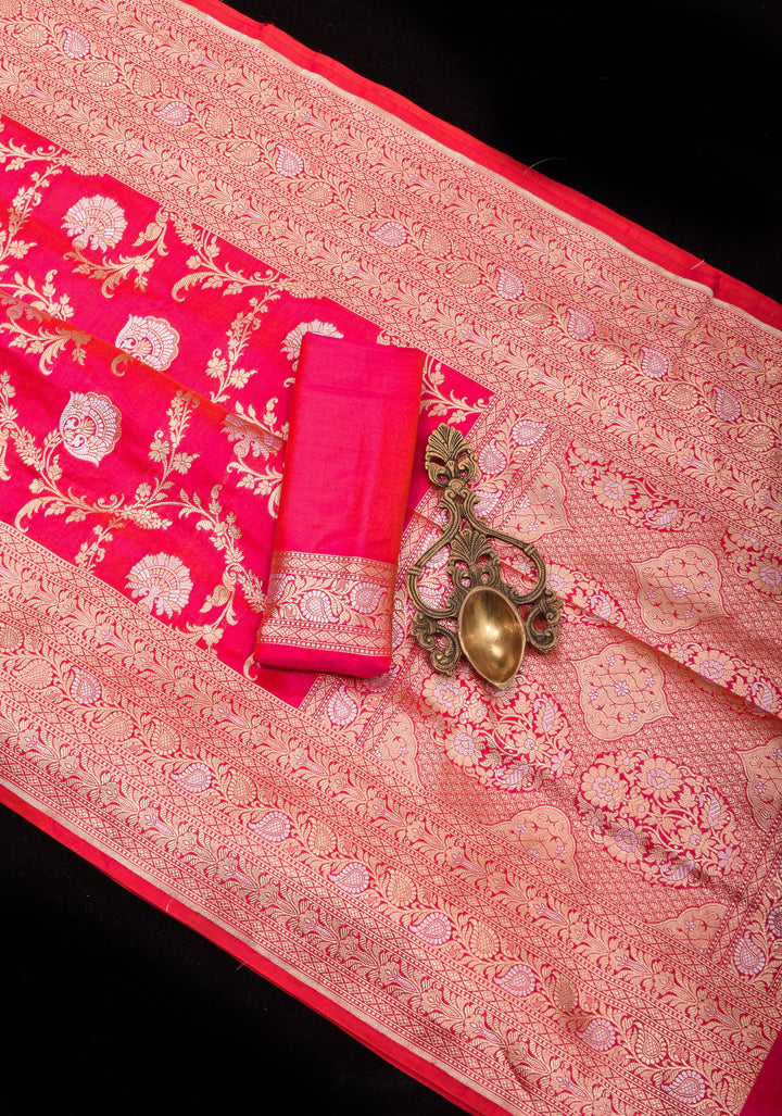 Reddish Pink Dual tone Exquisite Banarasi Katan Silk saree with Florals Alfi Jaal  | SILK MARK CERTIFIED