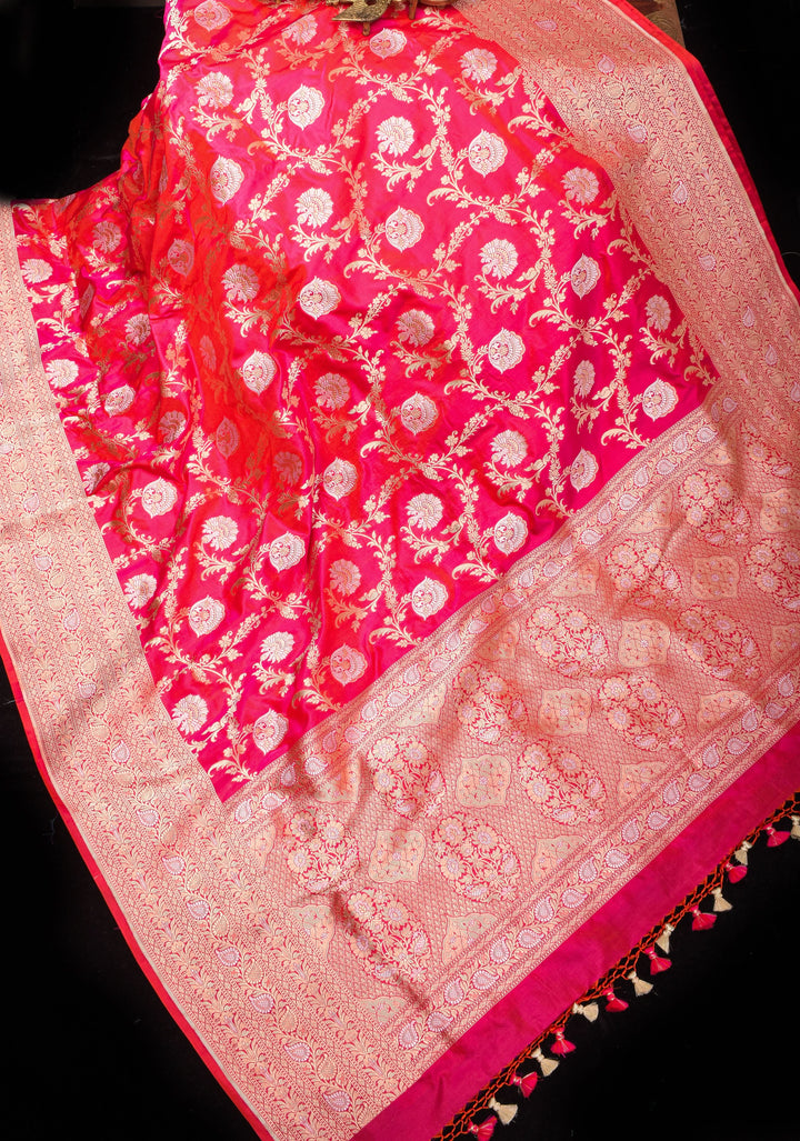 Reddish Pink Dual tone Exquisite Banarasi Katan Silk saree with Florals Alfi Jaal  | SILK MARK CERTIFIED