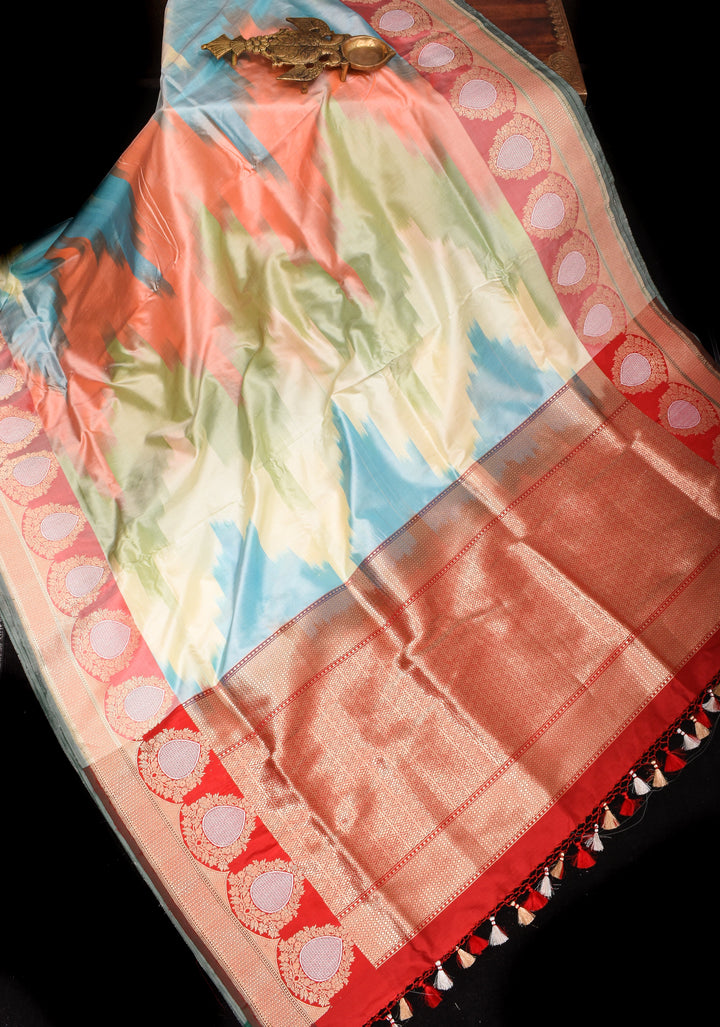 Exquisite Banarasi Katan Silk Saree with Pastel Ombre Weave and Alfi 2 side equal border  | SILK MARK CERTIFIED