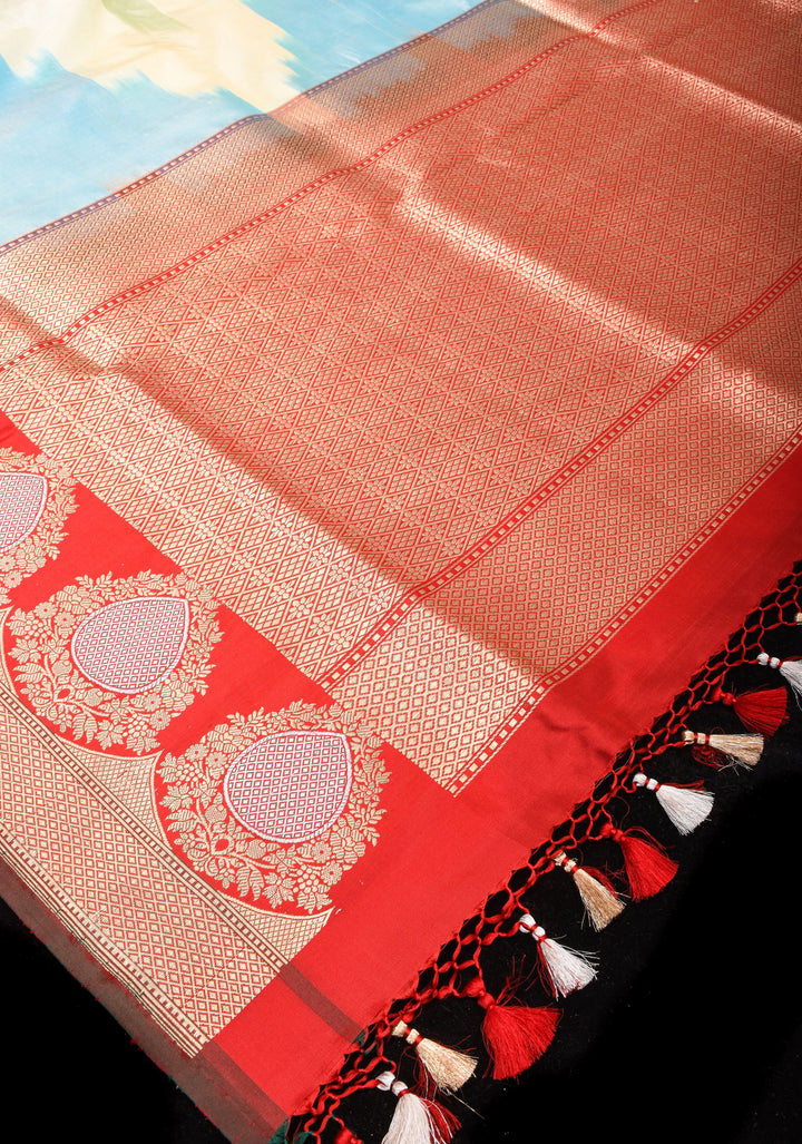 Exquisite Banarasi Katan Silk Saree with Pastel Ombre Weave and Alfi 2 side equal border  | SILK MARK CERTIFIED