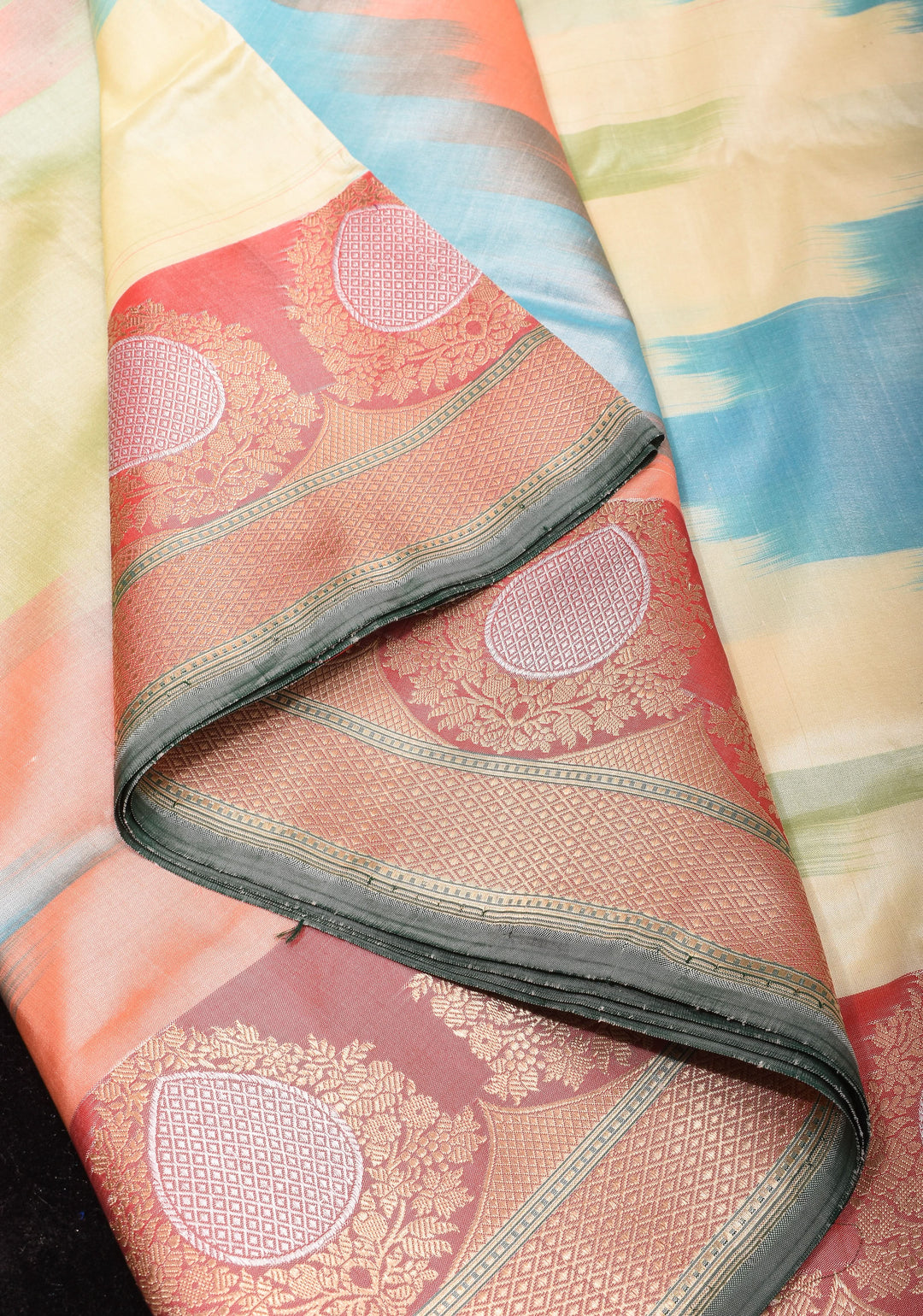 Exquisite Banarasi Katan Silk Saree with Pastel Ombre Weave and Alfi 2 side equal border  | SILK MARK CERTIFIED