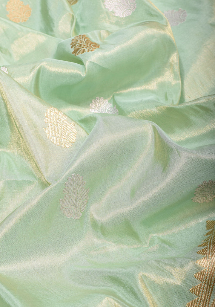 Sea Green Tissue Banarasi Saree with Meenakari Geometric Motif in Borders | SILK MARK CERTIFIED