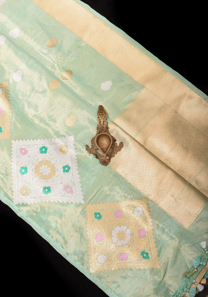 Sea Green Tissue Banarasi Saree with Meenakari Geometric Motif in Borders | SILK MARK CERTIFIED