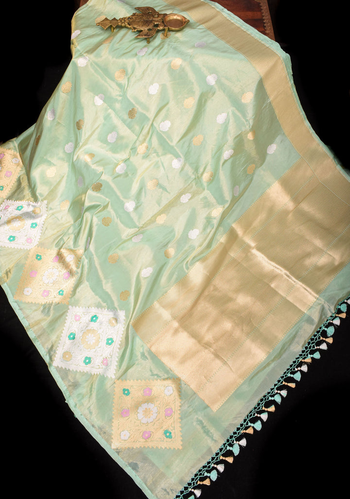 Sea Green Tissue Banarasi Saree with Meenakari Geometric Motif in Borders | SILK MARK CERTIFIED