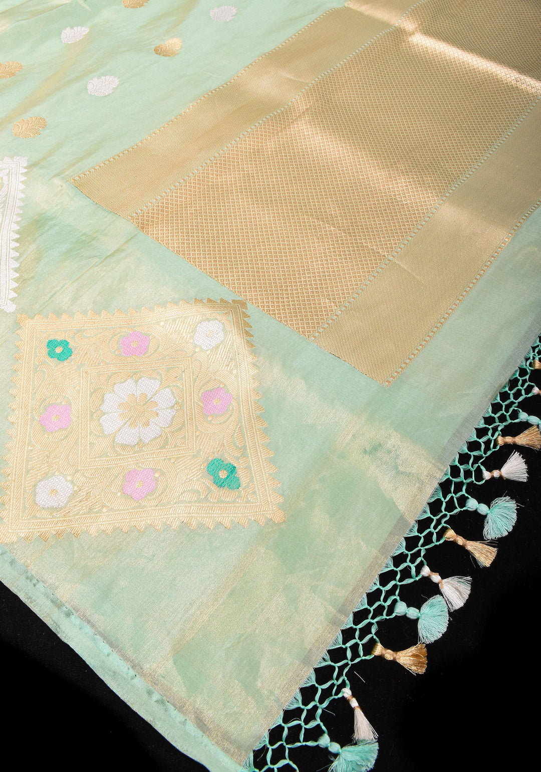 Sea Green Tissue Banarasi Saree with Meenakari Geometric Motif in Borders | SILK MARK CERTIFIED
