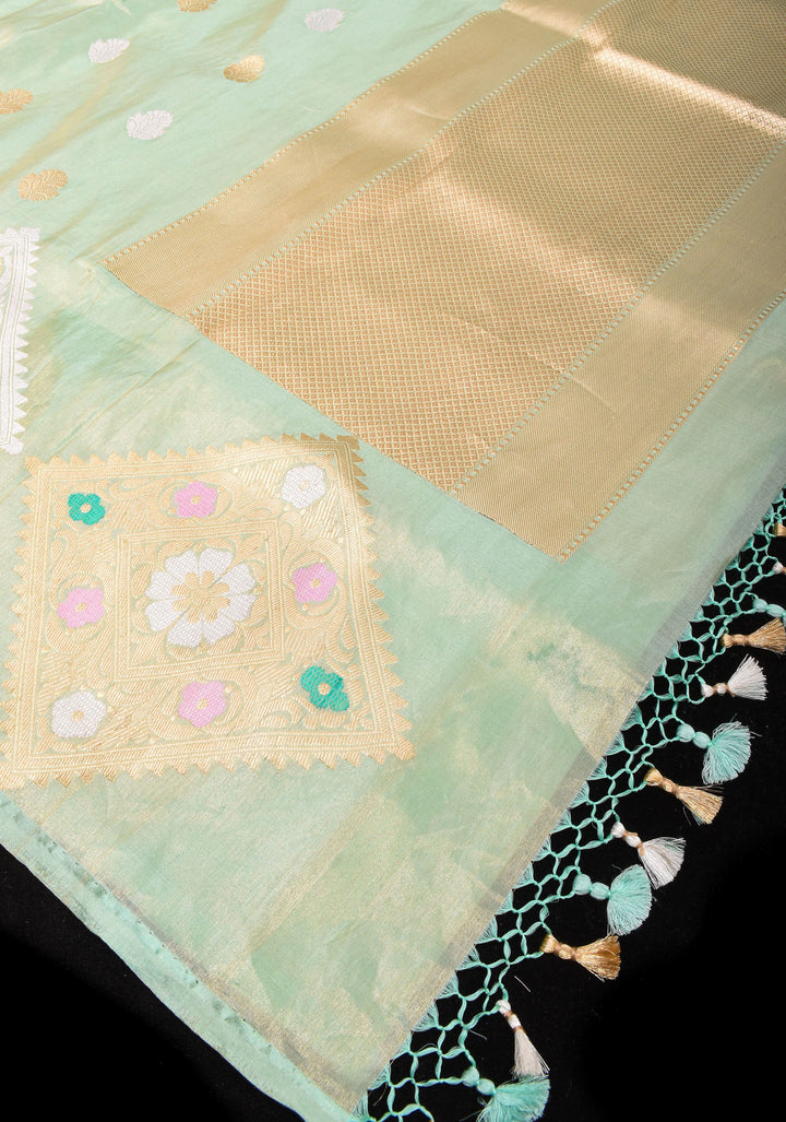Sea Green Tissue Banarasi Saree with Meenakari Geometric Motif in Borders | SILK MARK CERTIFIED