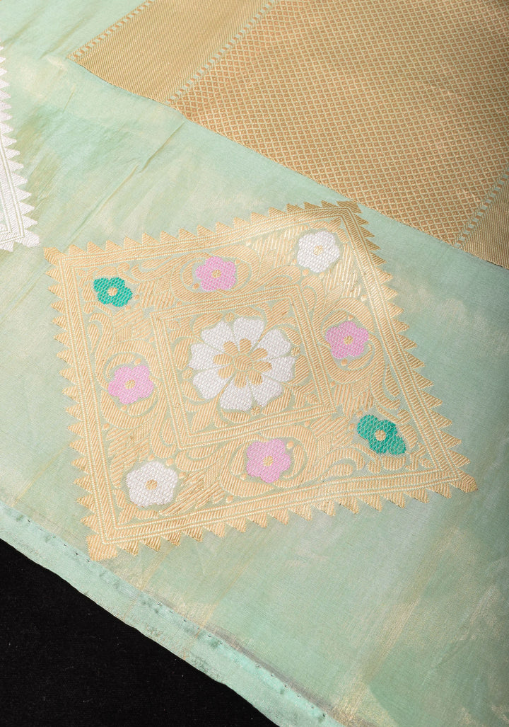Sea Green Tissue Banarasi Saree with Meenakari Geometric Motif in Borders | SILK MARK CERTIFIED