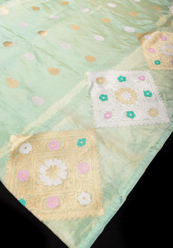 Sea Green Tissue Banarasi Saree with Meenakari Geometric Motif in Borders | SILK MARK CERTIFIED