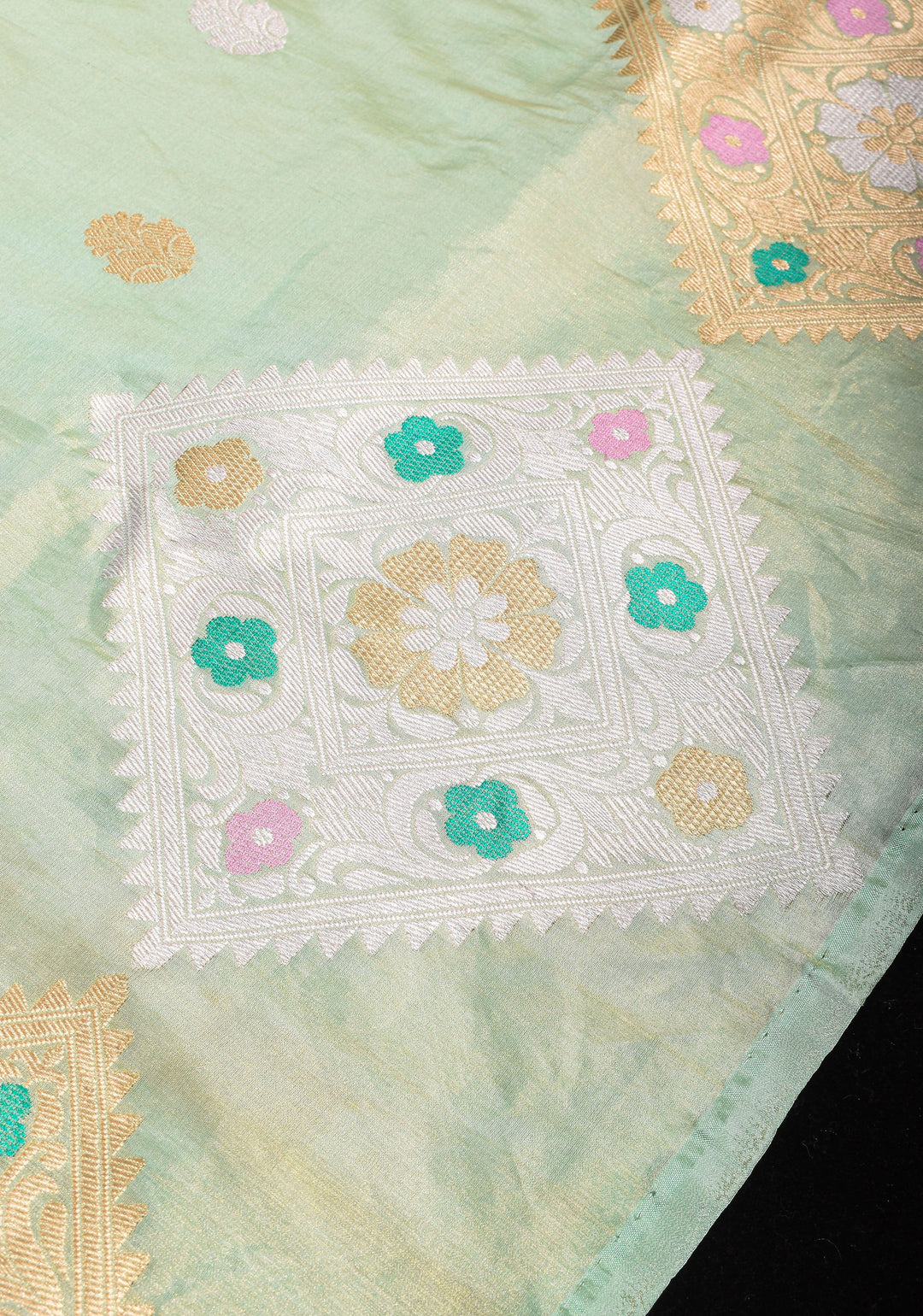 Sea Green Tissue Banarasi Saree with Meenakari Geometric Motif in Borders | SILK MARK CERTIFIED