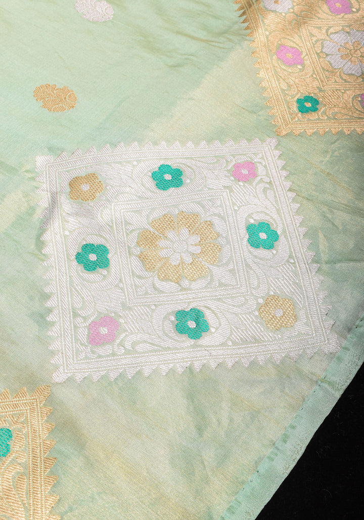 Sea Green Tissue Banarasi Saree with Meenakari Geometric Motif in Borders | SILK MARK CERTIFIED
