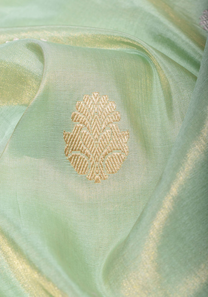 Sea Green Tissue Banarasi Saree with Meenakari Geometric Motif in Borders | SILK MARK CERTIFIED