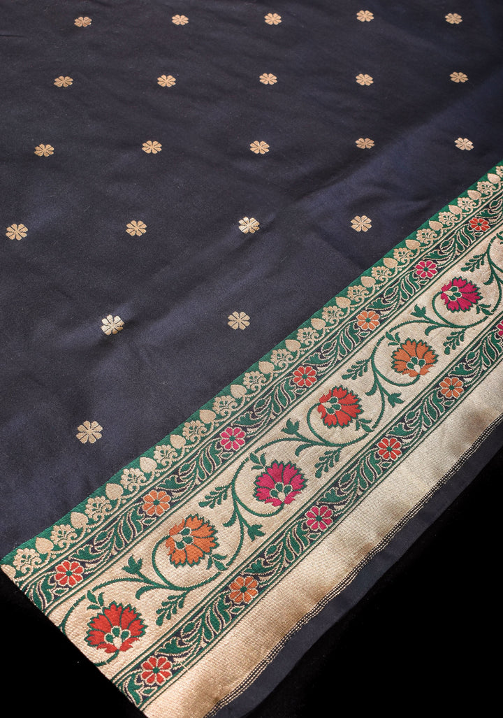 Black Stunning Pure Banarasi Katan Silk Saree with Paithani Style Meena Tissue Borders | SILK MARK CERTIFIED