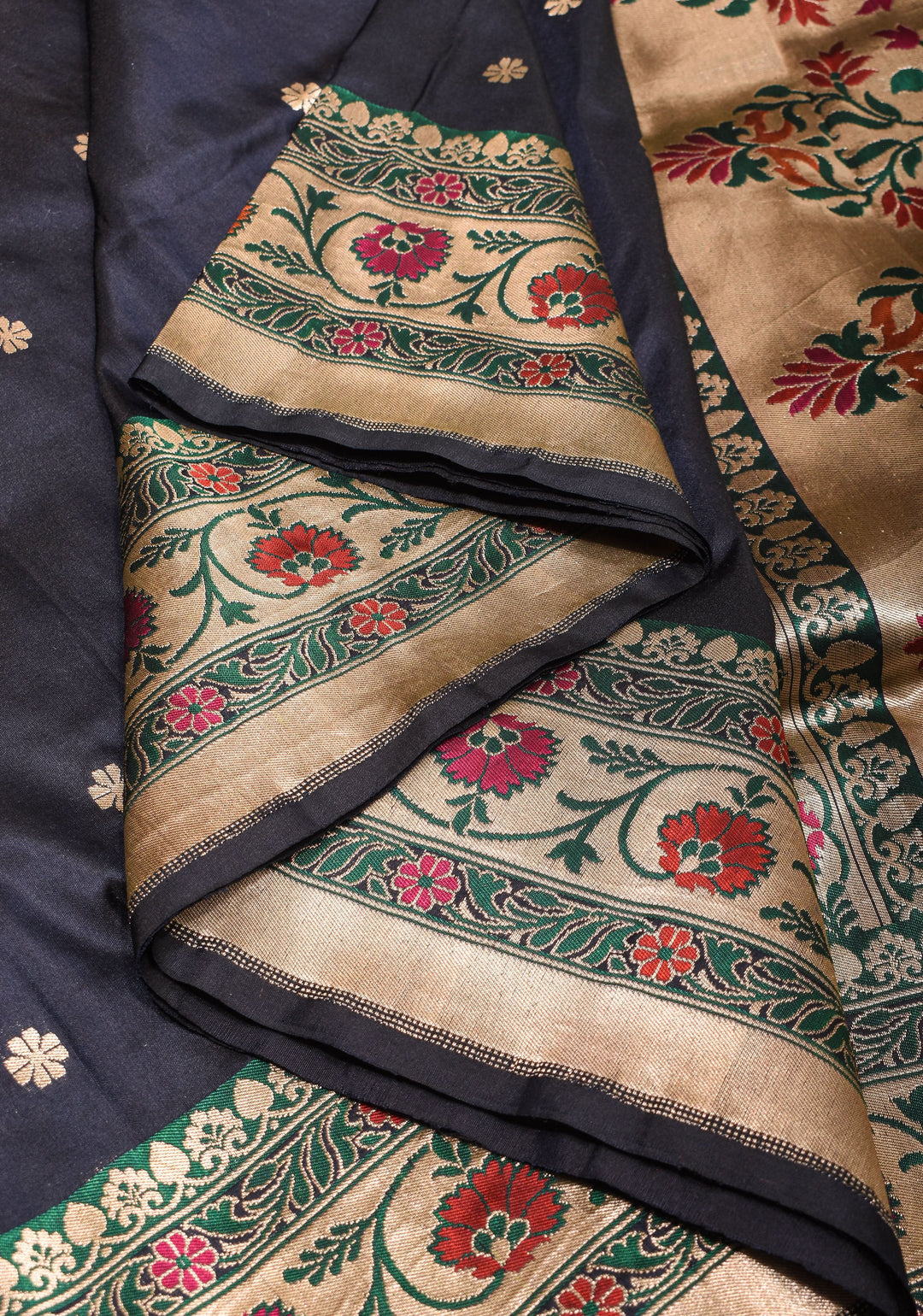 Black Stunning Pure Banarasi Katan Silk Saree with Paithani Style Meena Tissue Borders | SILK MARK CERTIFIED