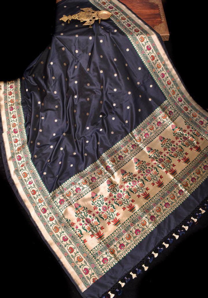 Black Stunning Pure Banarasi Katan Silk Saree with Paithani Style Meena Tissue Borders | SILK MARK CERTIFIED