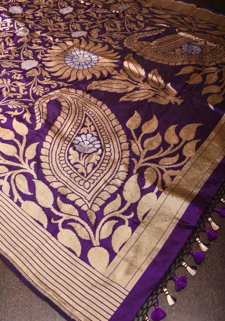 Rangkaat Banarasi Katan Silk Saree In Purple with Floral and Paisley Motifs| SILK MARK CERTIFIED