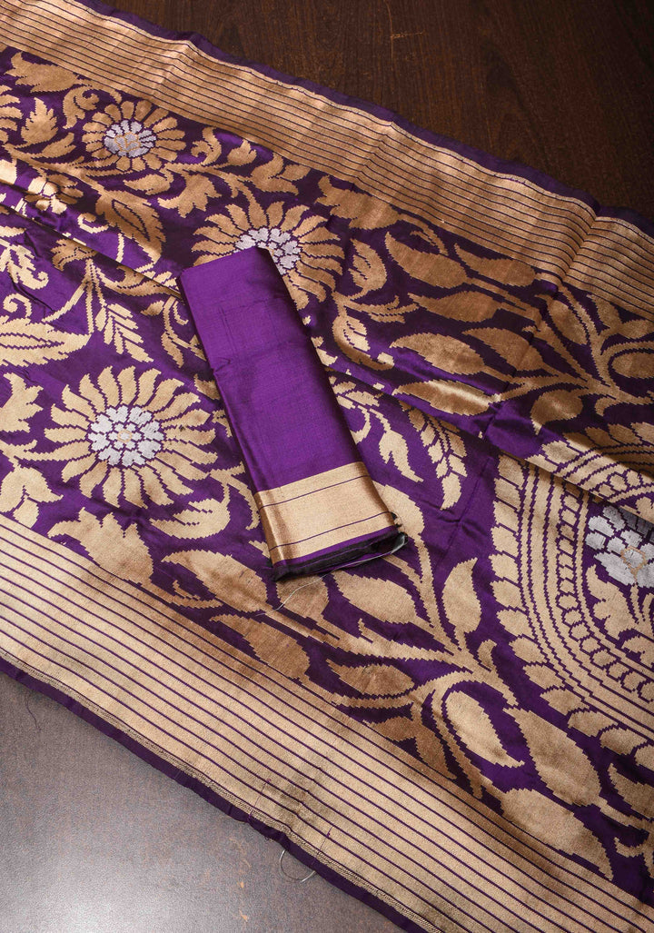 Rangkaat Banarasi Katan Silk Saree In Purple with Floral and Paisley Motifs| SILK MARK CERTIFIED