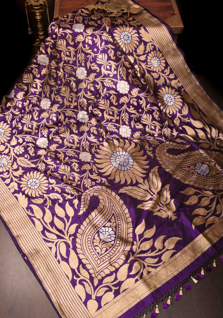Rangkaat Banarasi Katan Silk Saree In Purple with Floral and Paisley Motifs| SILK MARK CERTIFIED